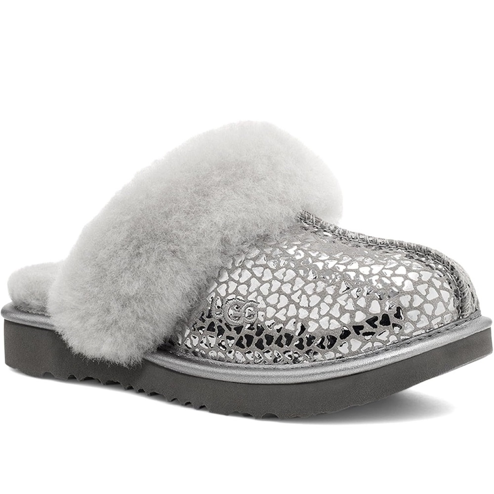 UGG Girls Shimmering hearts Silver Slippers worn once EUC